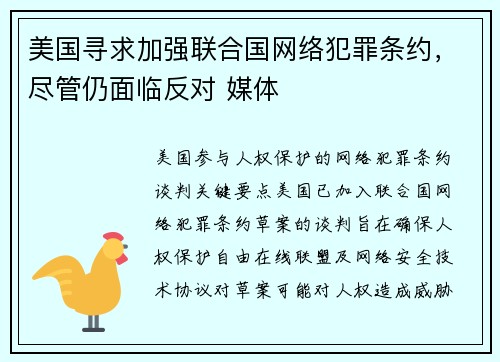 美国寻求加强联合国网络犯罪条约，尽管仍面临反对 媒体